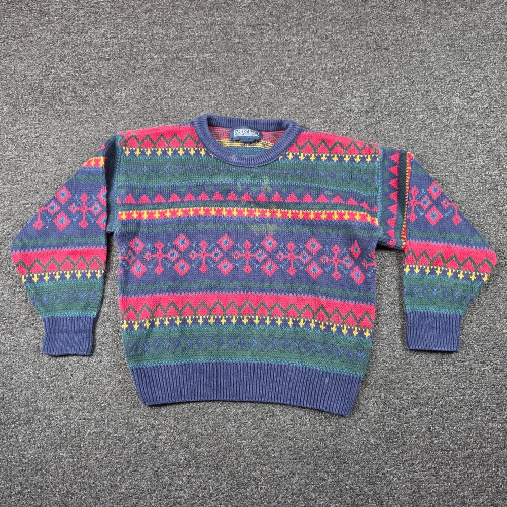Vintage Lands End Sweater Multicolor Kids Medium Fair Isle Geometric Knit USA